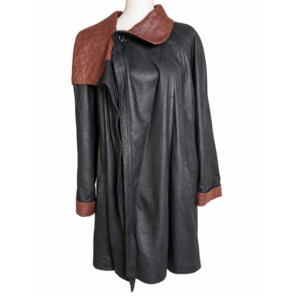 Vintage 1980s Fiorenza Vera Pelle Italian Leather Croc Trim Coat Size 42 XL/XXL